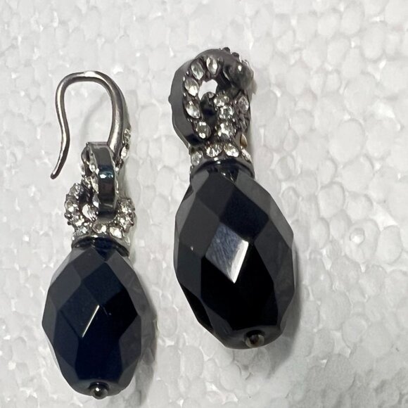 Vtg 925 Silver & Faceted Black Glass Earrings with Rhinestones on French Hook - Picture 1 of 8